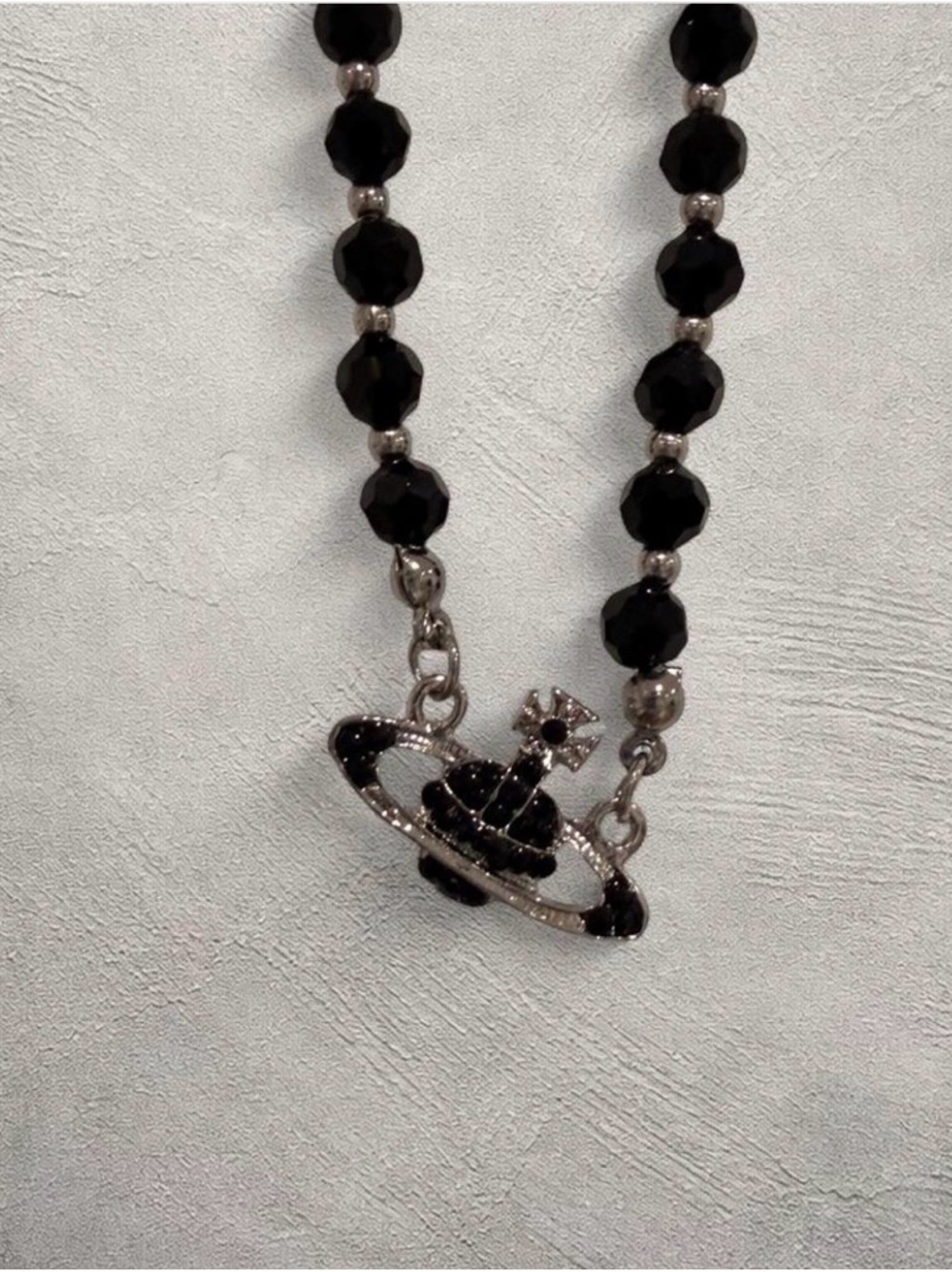Orb Style Silver Black Beaded Cross Pendant Goth Punk Necklace